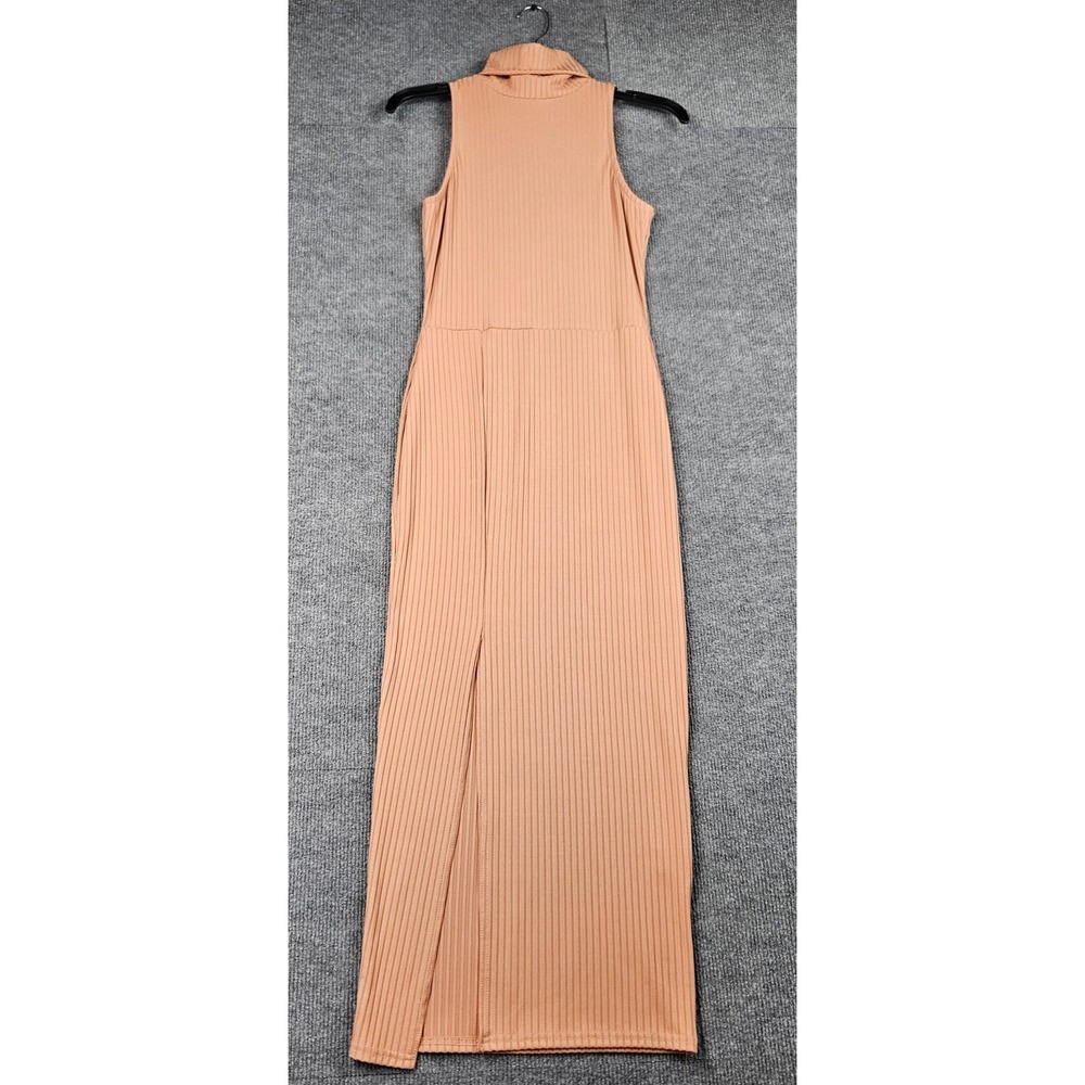 NWT Missguided Peach Ribbed Turtleneck Sleeveless Maxi Dress Front Slit US 6